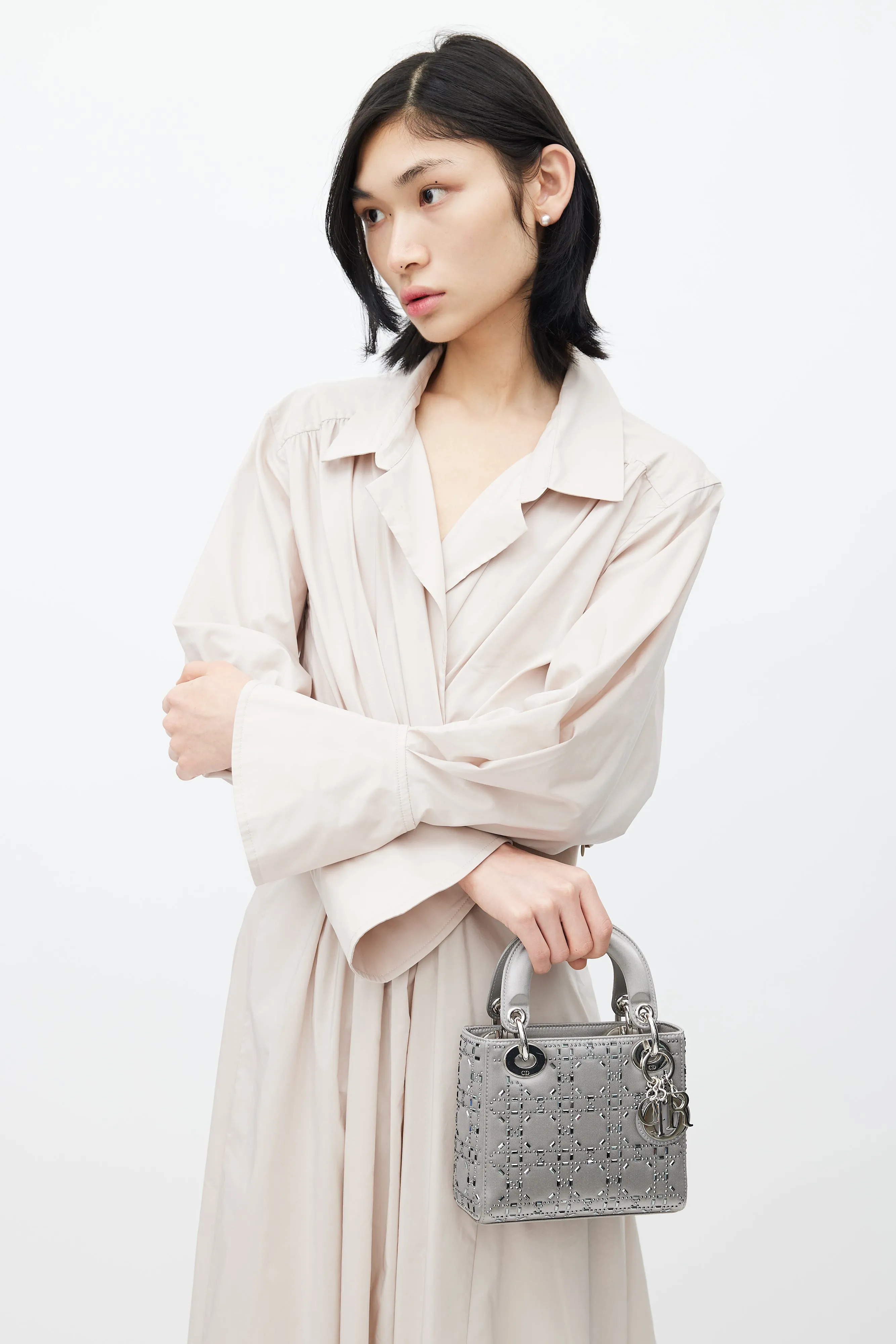 2019 Grey Satin Embellished Mini Lady Dior Bag