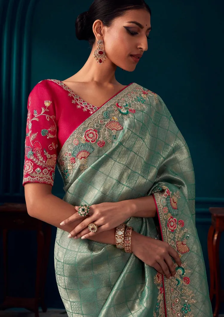 Beautiful Designer Blue Red Banarasi Kanjivaram Wedding Saree
