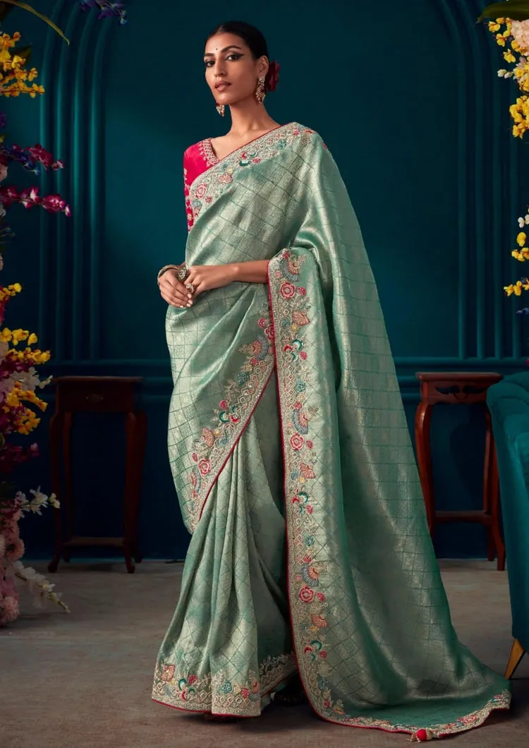 Beautiful Designer Blue Red Banarasi Kanjivaram Wedding Saree