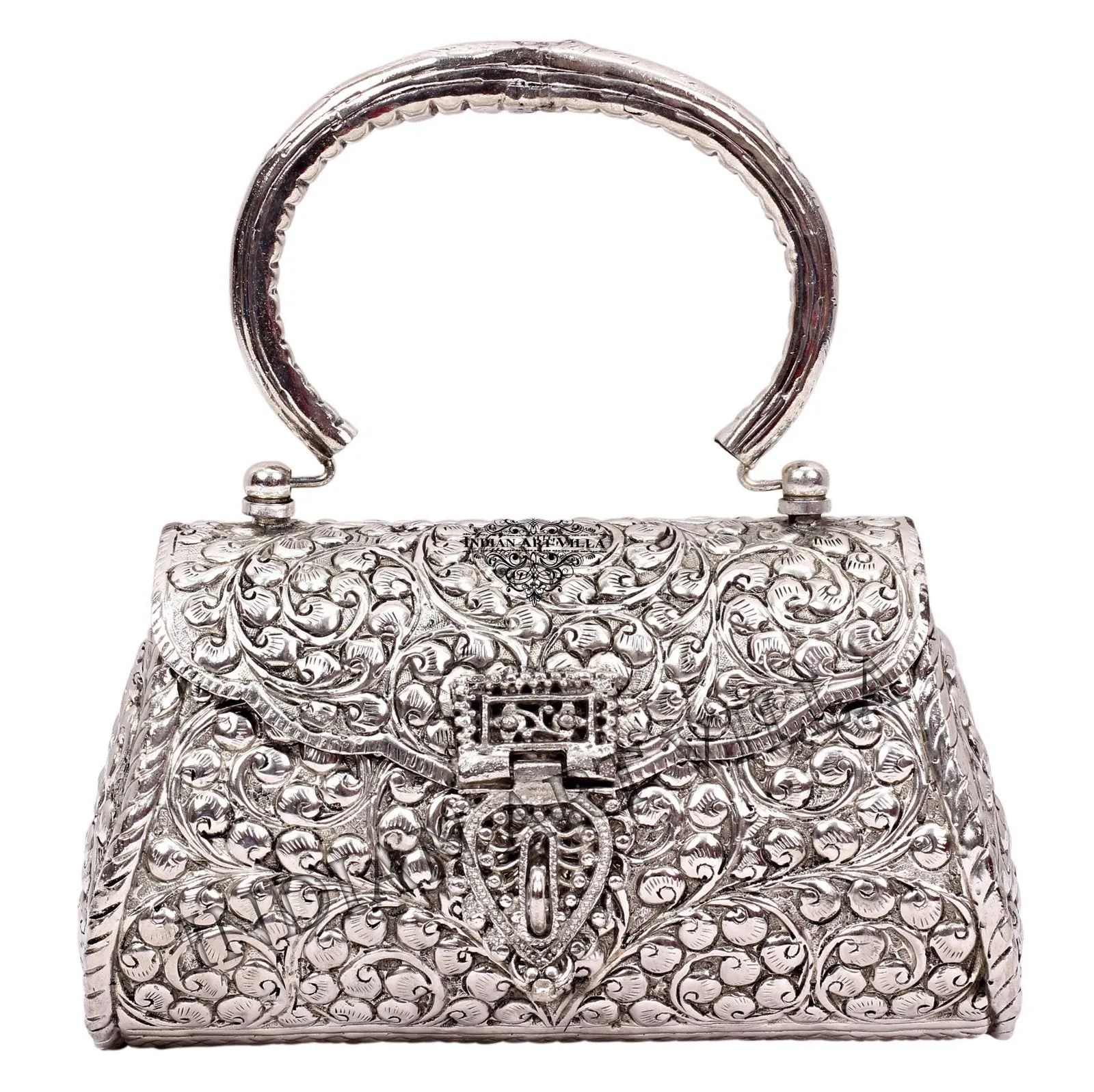 Indian Art Villa Designer Silver Plated Handbag Purse, Women Wedding Clutches, Gift Item