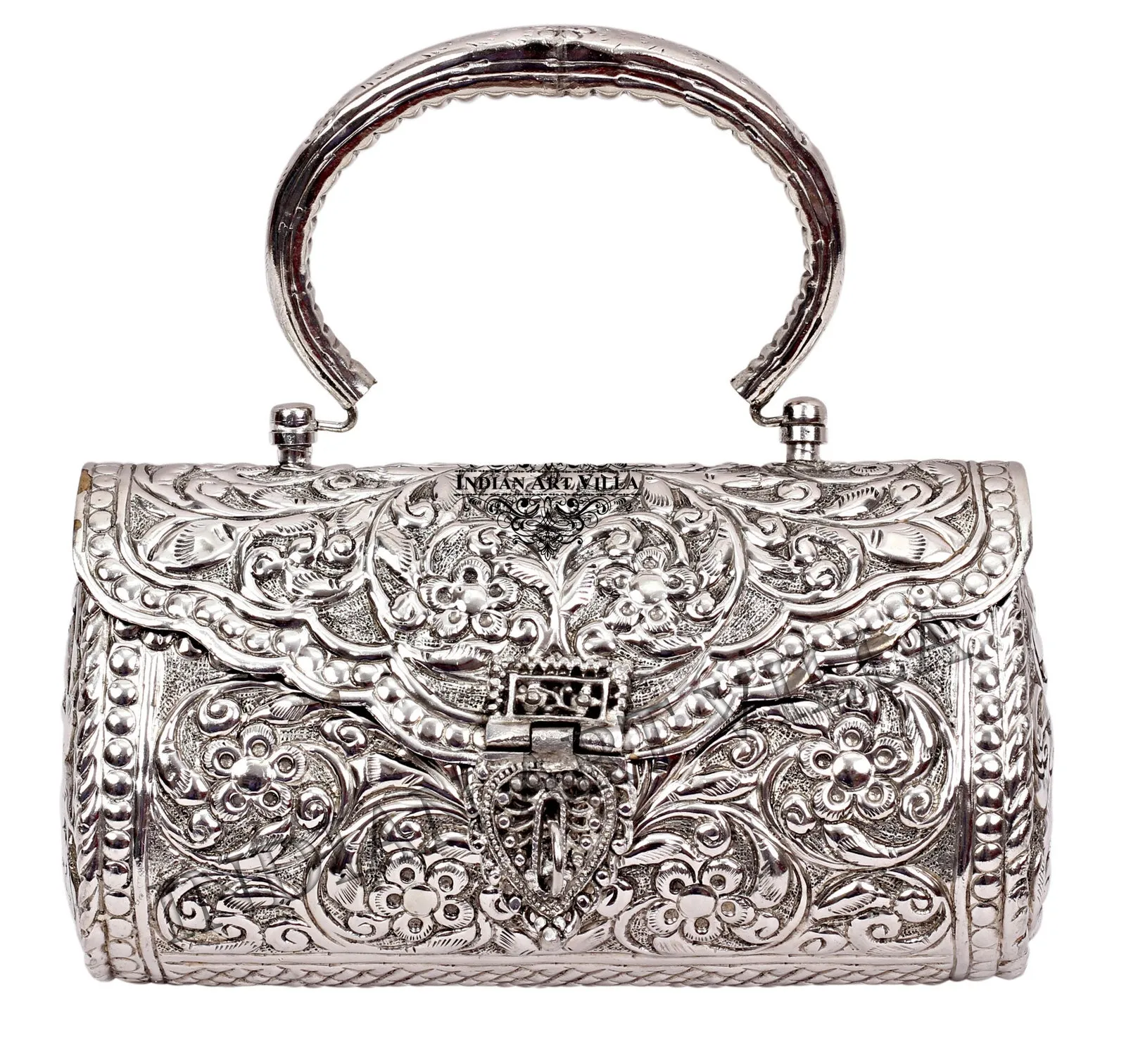 Indian Art Villa Designer Silver Plated Handbag Purse, Women Wedding Clutches, Gift Item