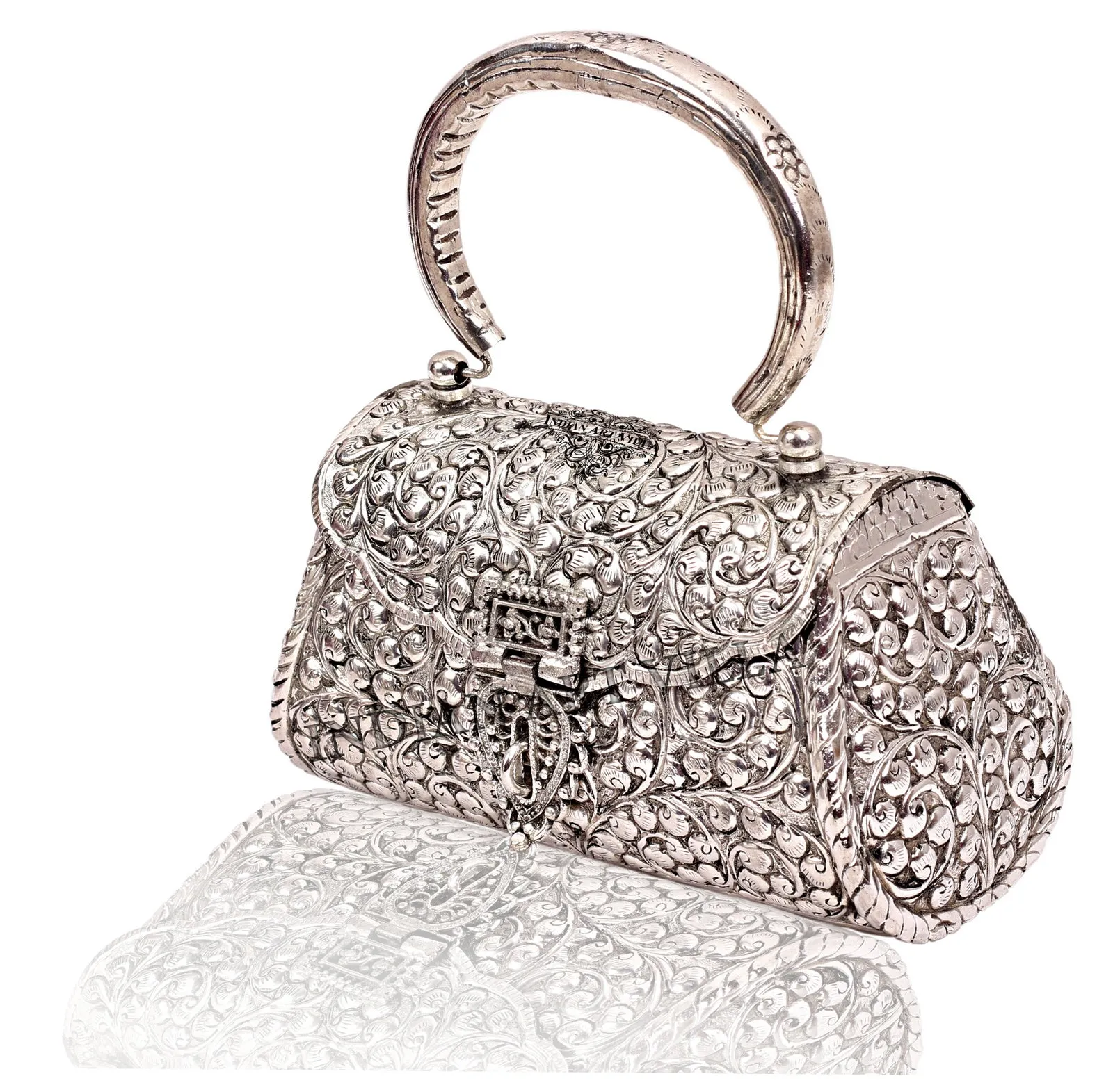 Indian Art Villa Designer Silver Plated Handbag Purse, Women Wedding Clutches, Gift Item