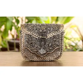 Indian Art Villa Designer Silver Plated Handbag Purse, Women Wedding Clutches, Gift Item