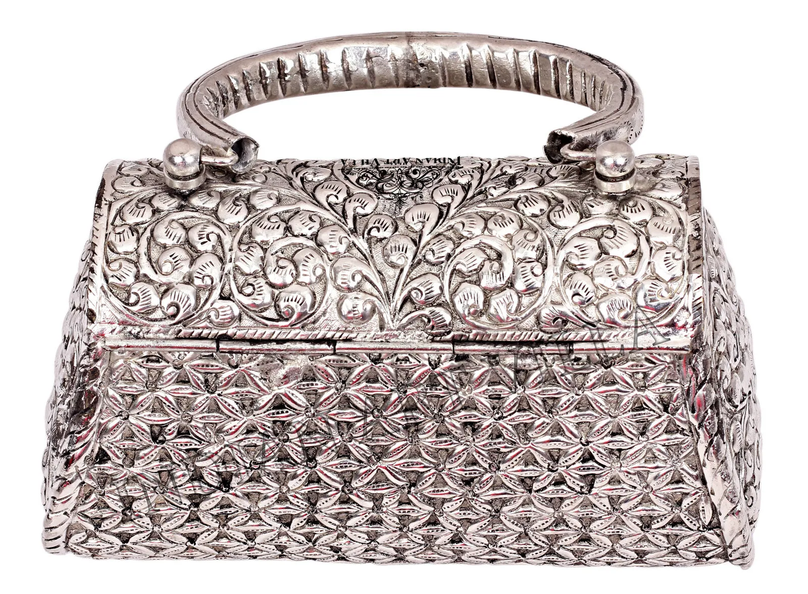 Indian Art Villa Designer Silver Plated Handbag Purse, Women Wedding Clutches, Gift Item