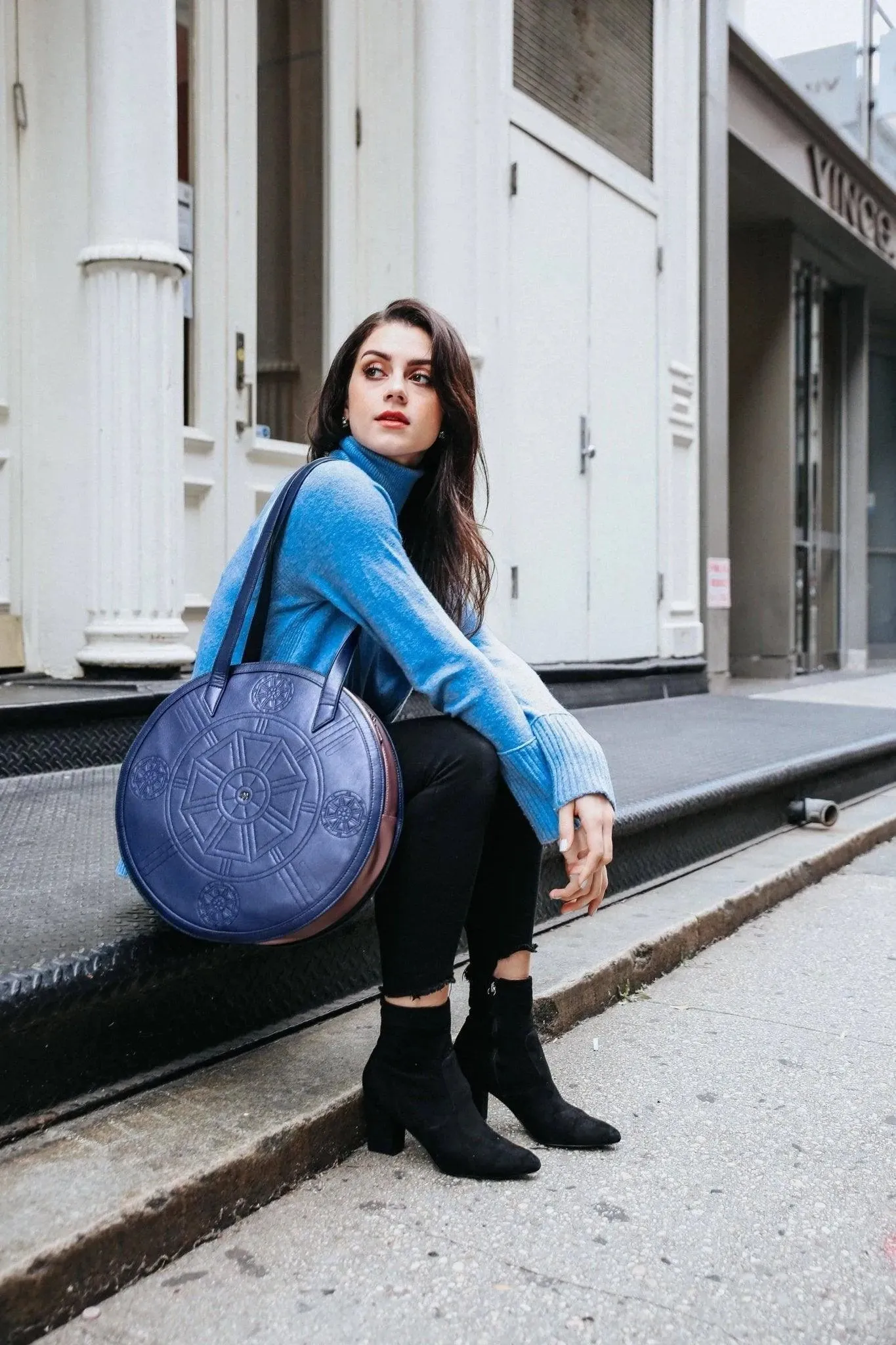Navy Blue/Metallic Rose Meghan Leather Tote Bag
