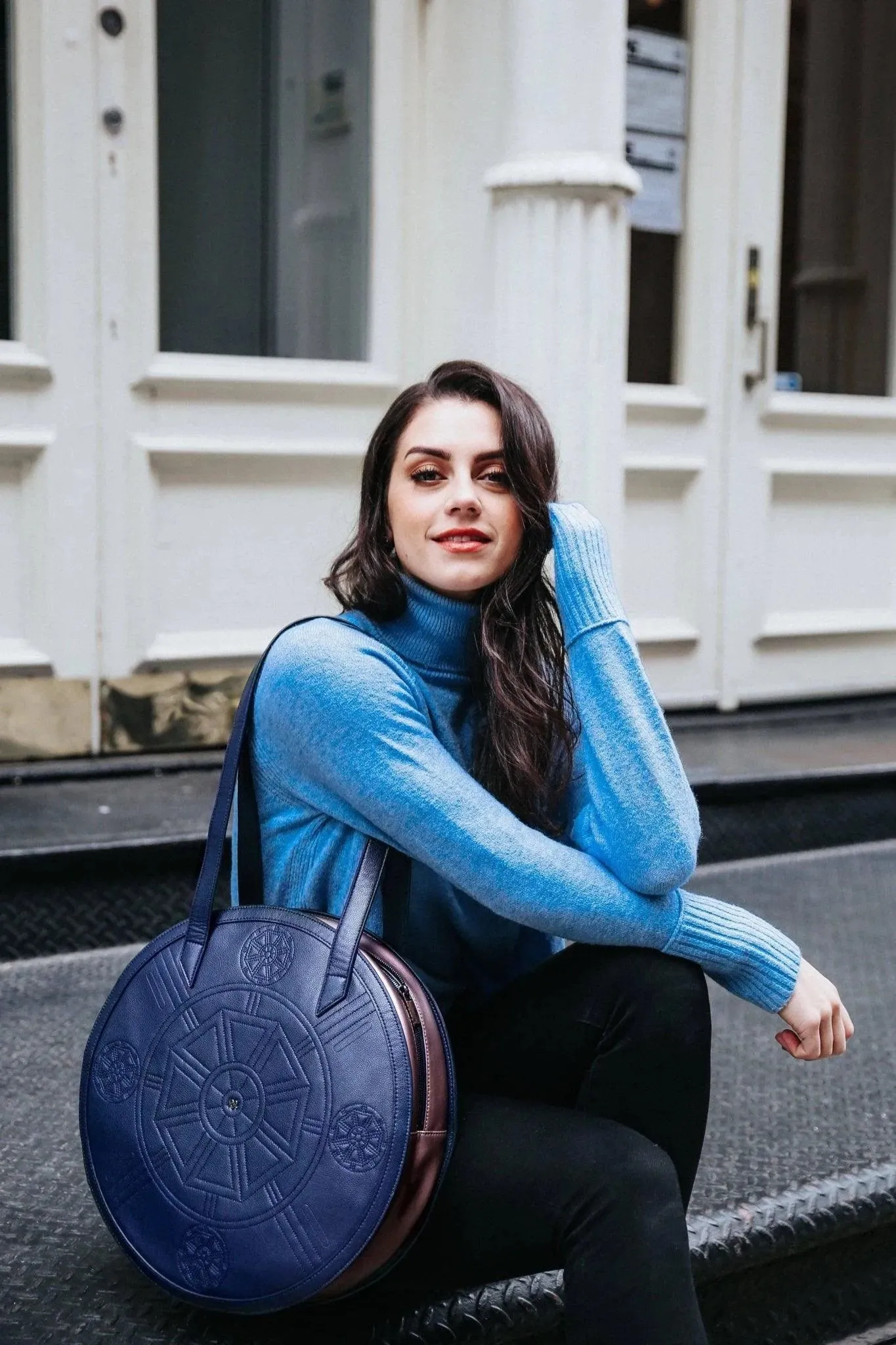 Navy Blue/Metallic Rose Meghan Leather Tote Bag